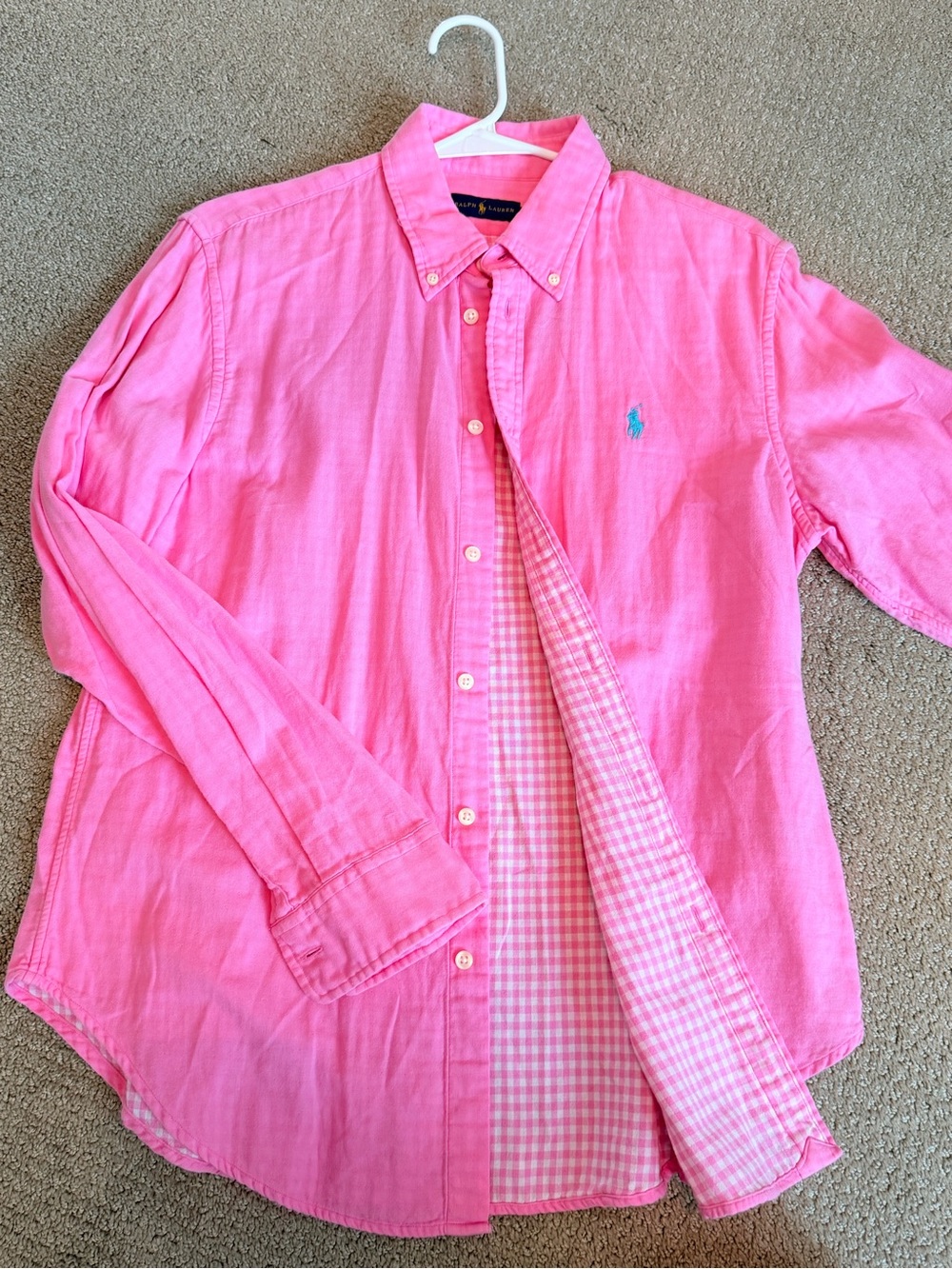 Ralph Lauren Pink Cotton Button Down Shirt with Inside Gingham Print Large NWOT - Picture 6 of 14